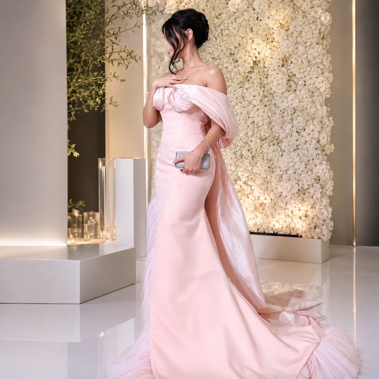 Baby Pink Off Shoulder Mermaid Evening Dress with Soft Draped Formal Silhouette