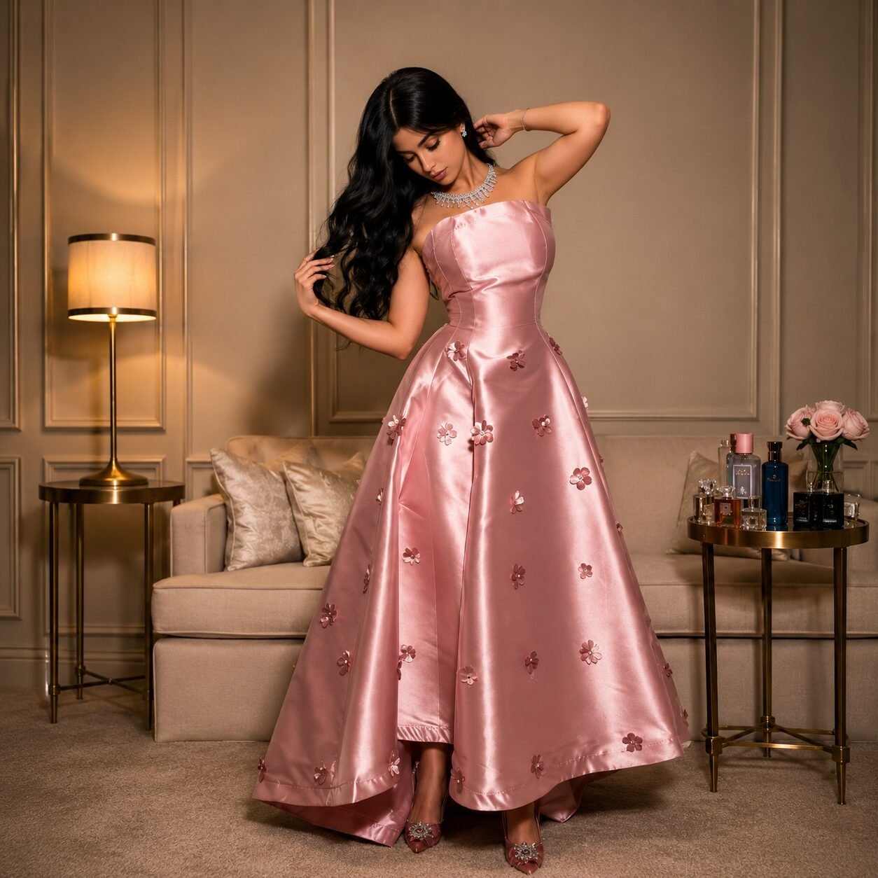Elegant Off-Shoulder Satin Ball Gown Prom Dress with Floral Details