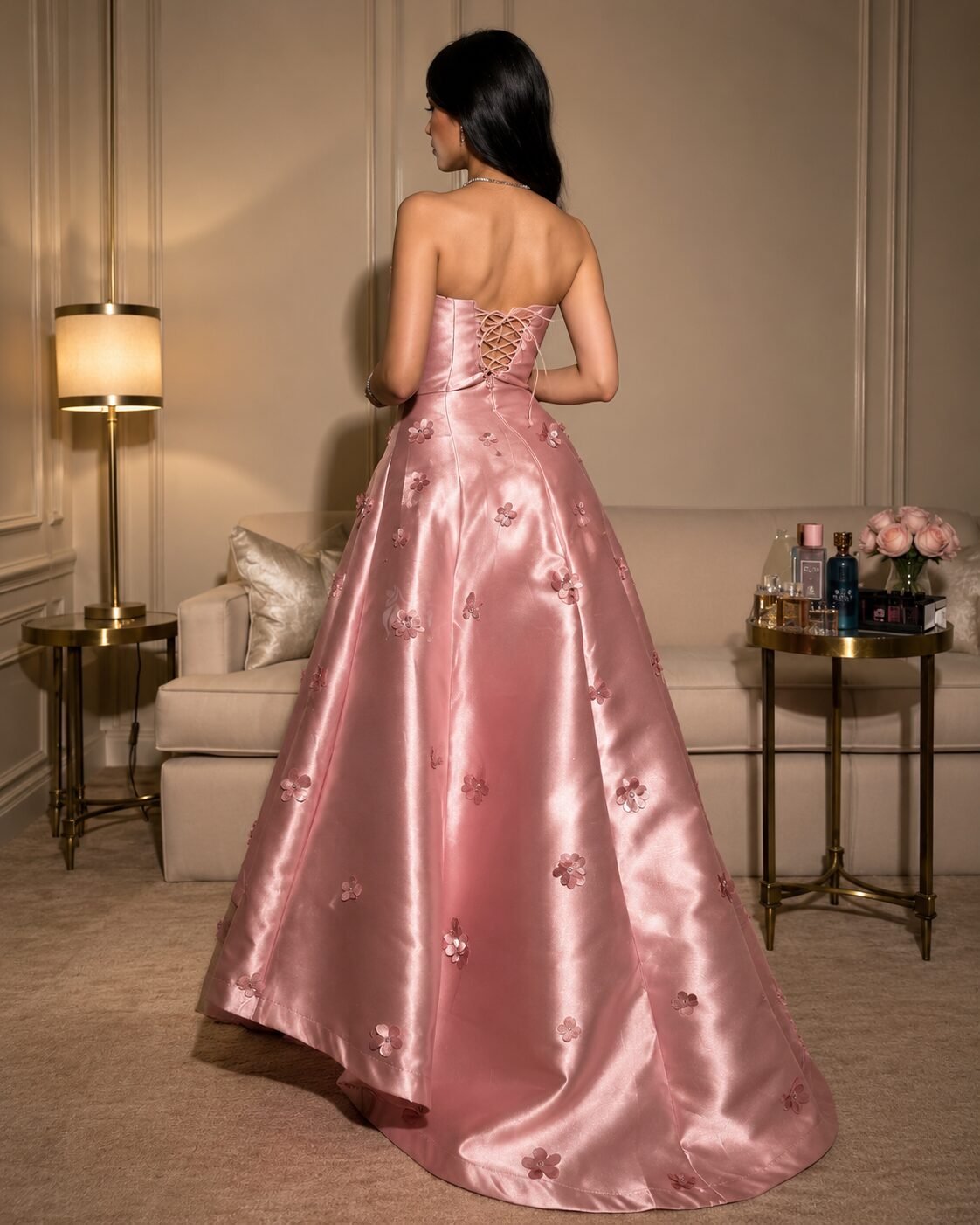 Elegant Off-Shoulder Satin Ball Gown Prom Dress with Floral Details - Image 2