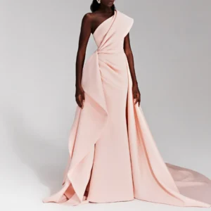 Light Pink One Shoulder Satin Prom Dress with Pleated Straight Silhouette