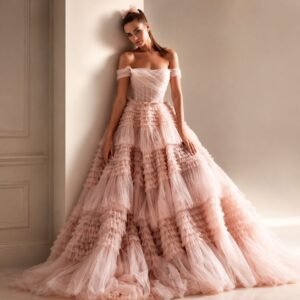 Lily Pink Strapless Tiered Tulle Formal Dress with Romantic Layered Silhouette