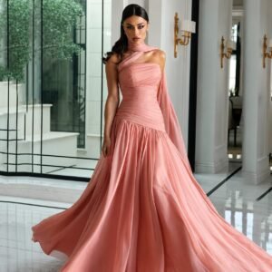 Pink Strapless Chiffon A-Line Prom Dress with Ruched Ruffle Silhouette
