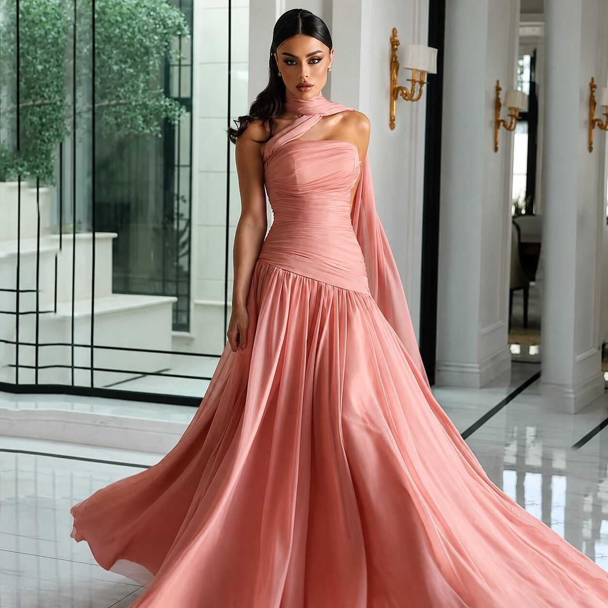 Pink Strapless Chiffon A-Line Prom Dress with Ruched Ruffle Silhouette
