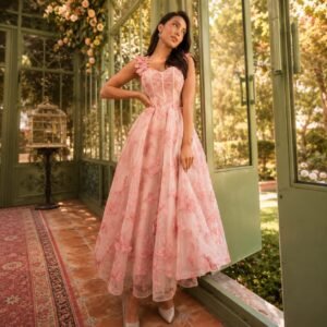 Pink A-Line Prom Dress with Butterfly Appliques and Spaghetti Straps