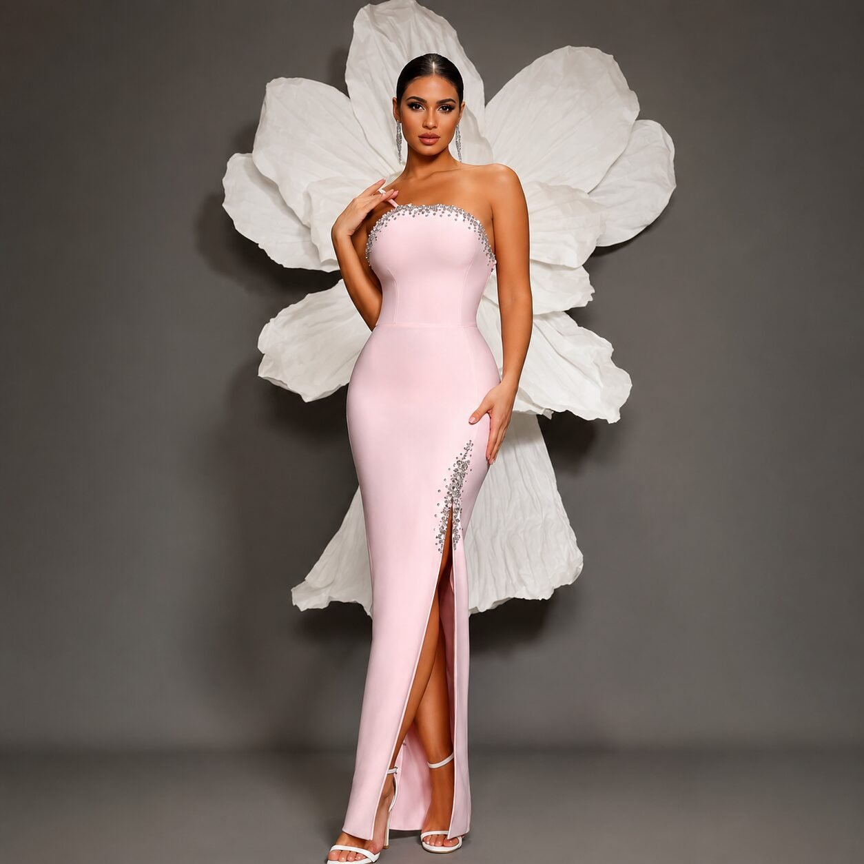 Luxury Pink Bandage Dress Sexy Hip-Hugging Slit Formal Prom Dress