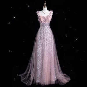 Blush Pink 3D Floral Sequin Princess A-Line Gown