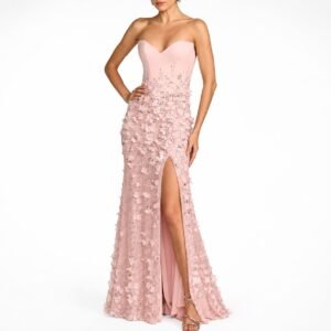 Blush Pink 3D Floral Strapless Prom Dress with High Slit