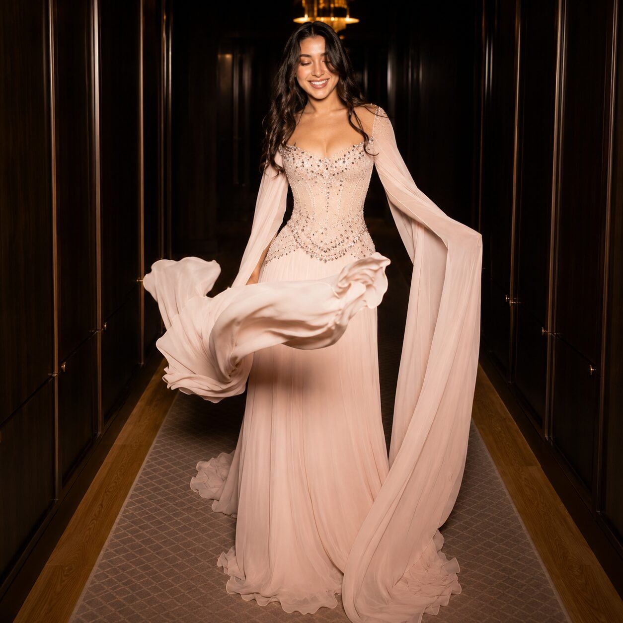 Blush Pink Beaded Cape Sleeve Evening Gown