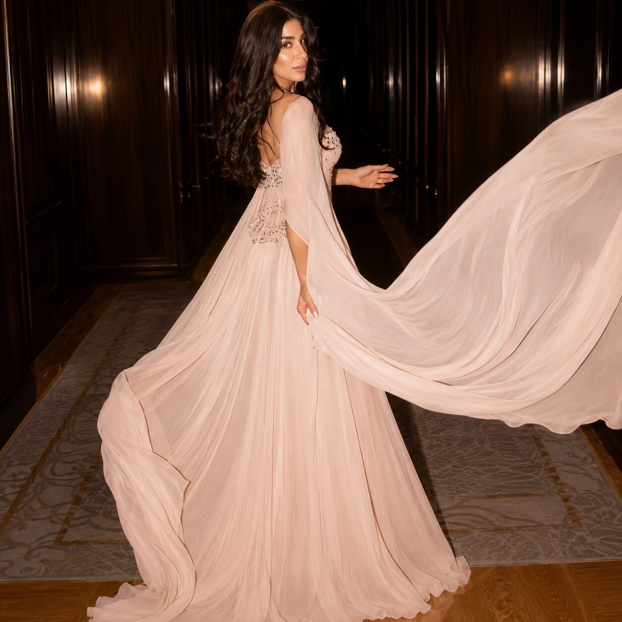 Blush Pink Beaded Cape Sleeve Evening Gown
