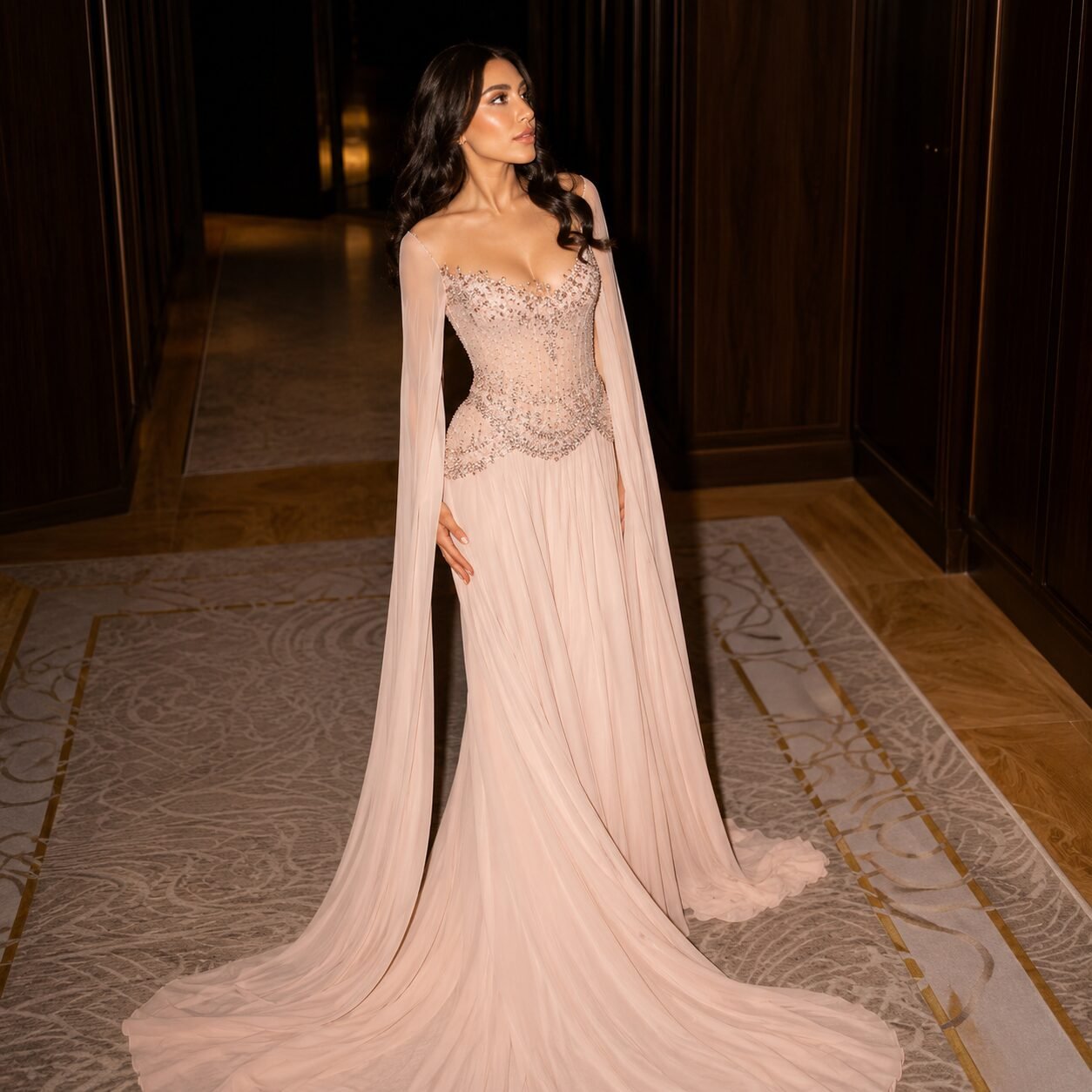 Blush Pink Beaded Cape Sleeve Evening Gown