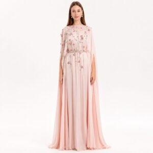 Blush Pink Beaded Chiffon Cape Sleeve A-Line Prom Dress