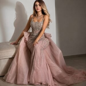 Blush Pink Beaded Mermaid Gown with Detachable Overskirt