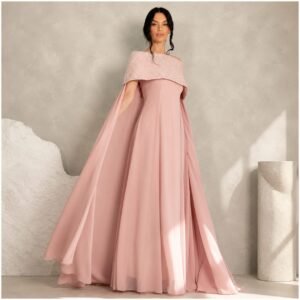 Blush Pink Cape Sleeve A-Line Evening Gown with Sequined Collar