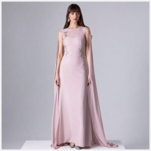 Blush Pink Cape Sleeve Beaded Column Evening Gown