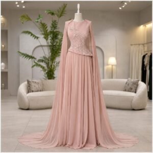 Blush Pink Cape Sleeve Chiffon A-Line Evening Gown