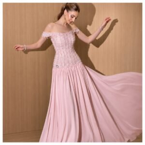 Blush Pink Crystal Beaded Off Shoulder A-Line Gown