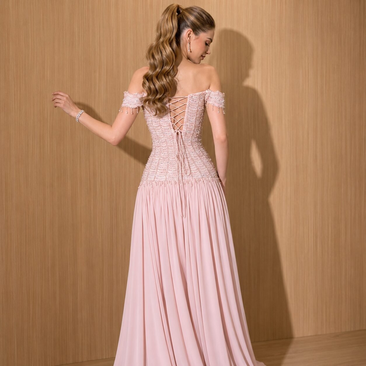 Blush Pink Crystal Beaded Off Shoulder A-Line Gown - Image 3