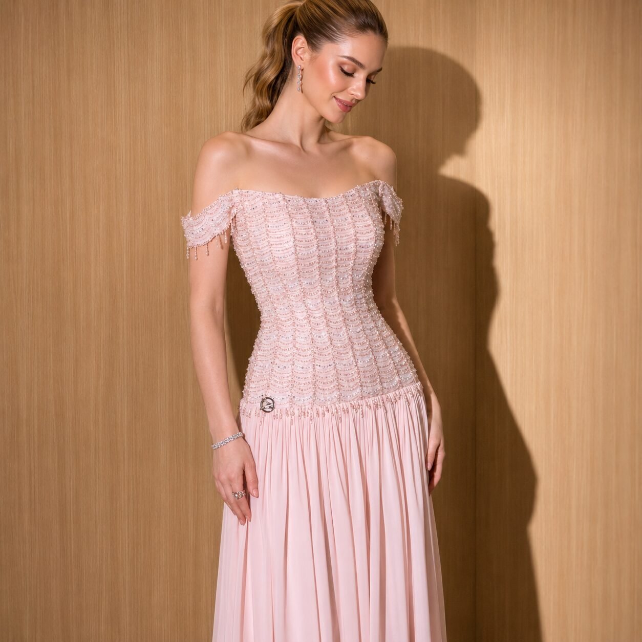 Blush Pink Crystal Beaded Off Shoulder A-Line Gown