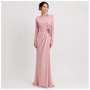 Blush Pink Crystal Embellished Long Sleeve Evening Gown