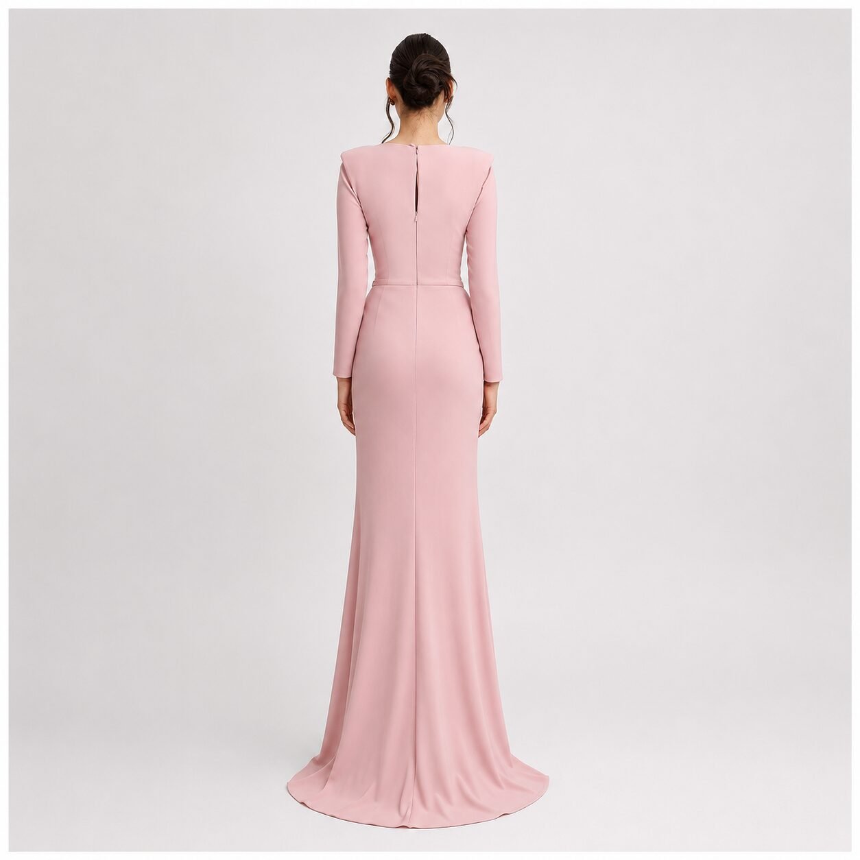 Blush Pink Crystal Embellished Long Sleeve Evening Gown