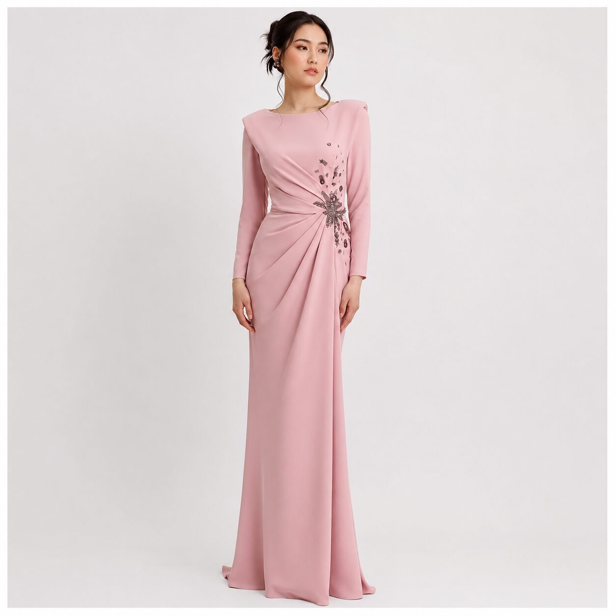 Blush Pink Crystal Embellished Long Sleeve Evening Gown