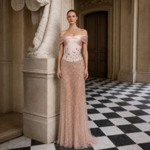Blush Pink Crystal Embellished Off-Shoulder Column Evening Gown