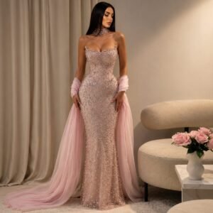 Blush Pink Crystal Mermaid Evening Gown