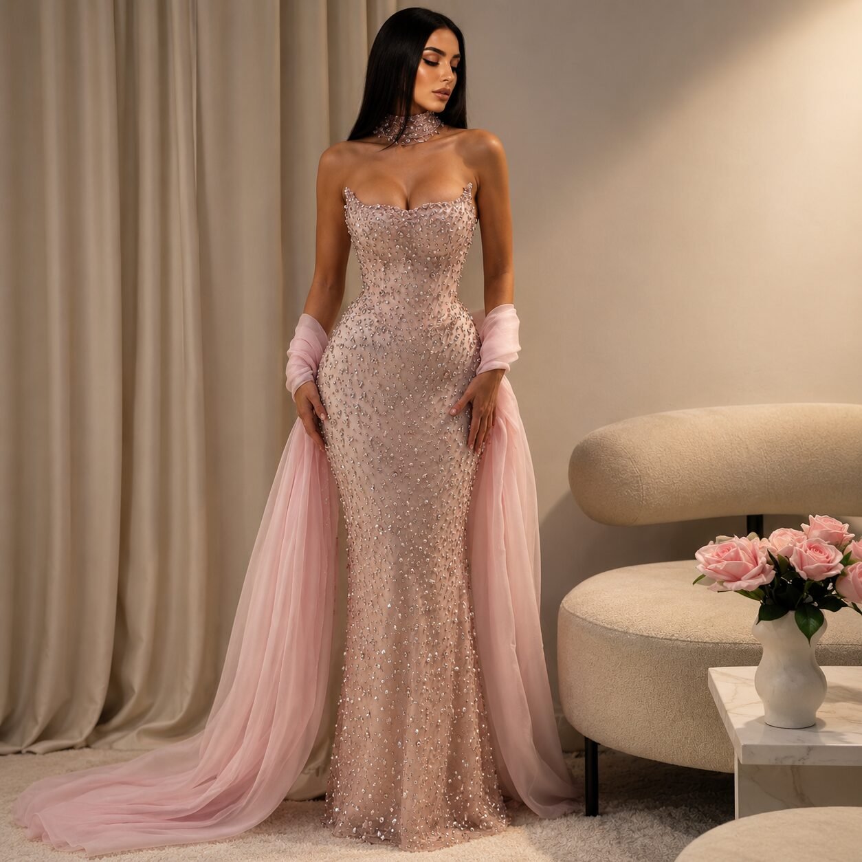 Blush Pink Crystal Mermaid Evening Gown