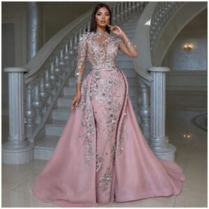 Blush Pink Embroidered Mermaid Gown with Overskirt