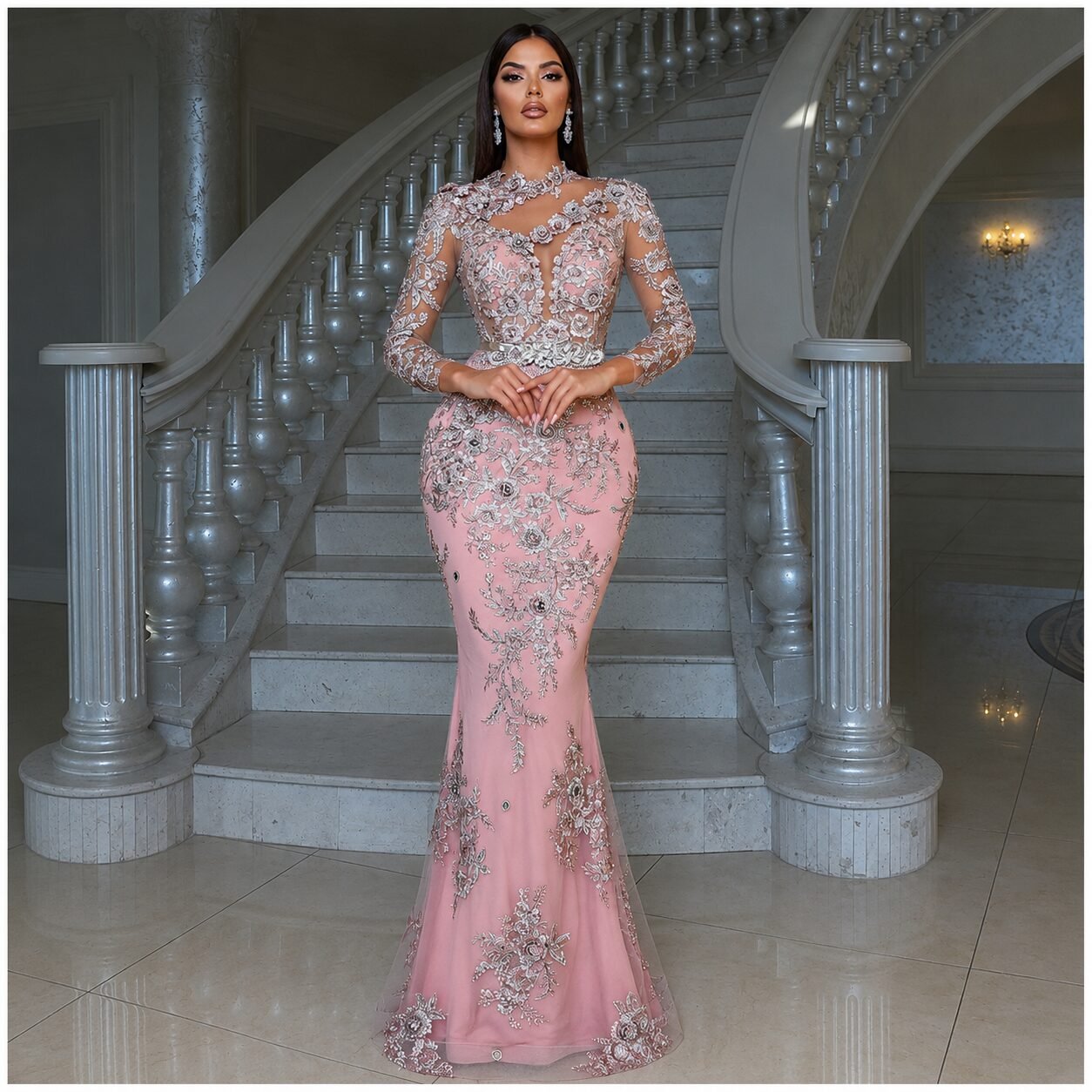 Blush Pink Embroidered Mermaid Gown with Overskirt