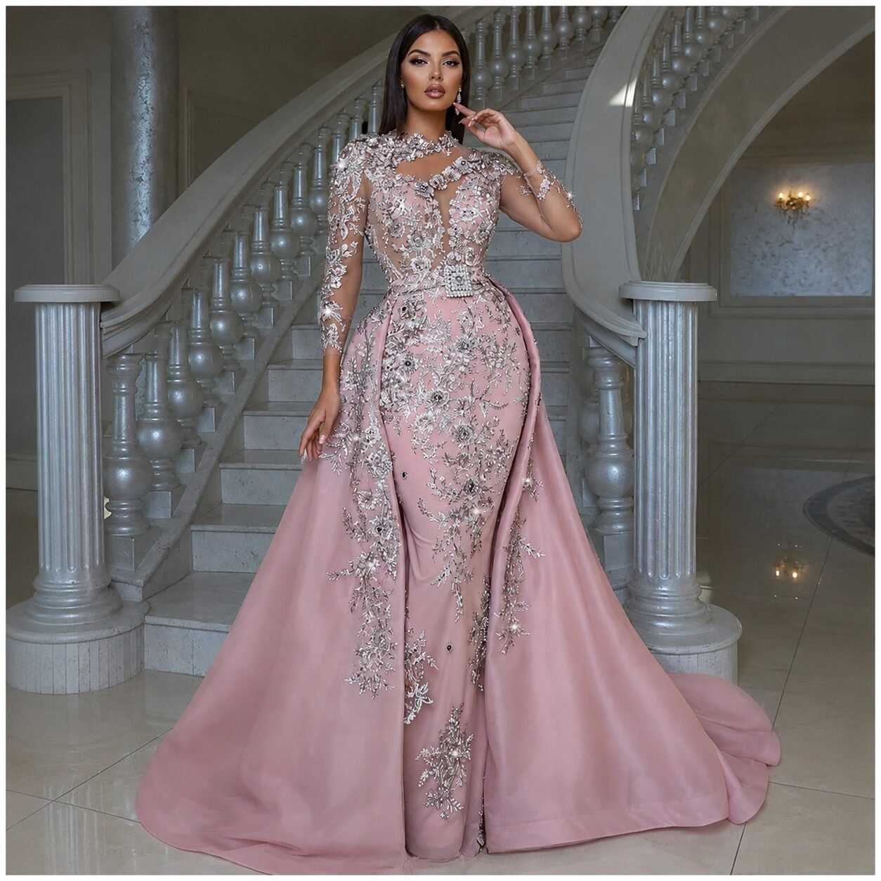 Blush Pink Embroidered Mermaid Gown with Overskirt