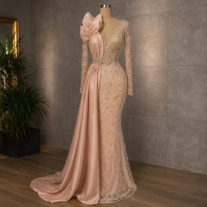 Blush Pink Floral Lace Mermaid Gown with Statement Bow Train