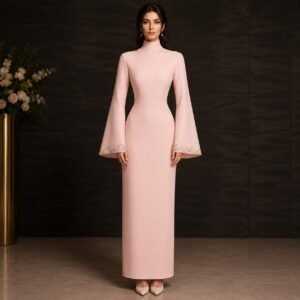 Blush Pink High Neck Column Evening Dress with Bell Sleeves