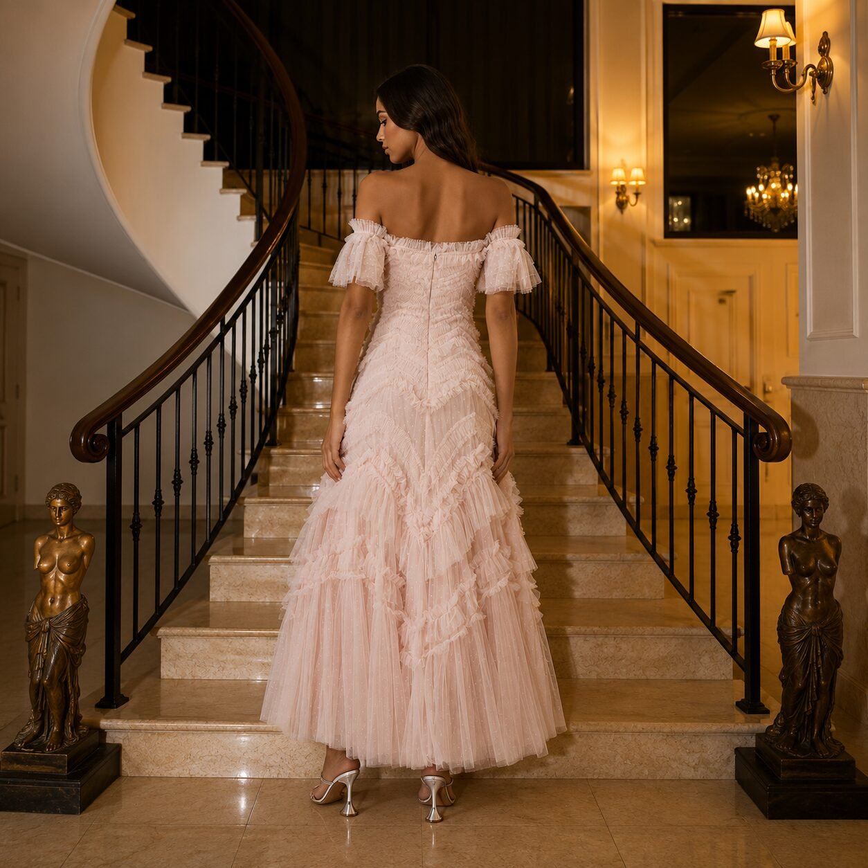 Blush Pink Off Shoulder Ruffle Tulle Evening Dress