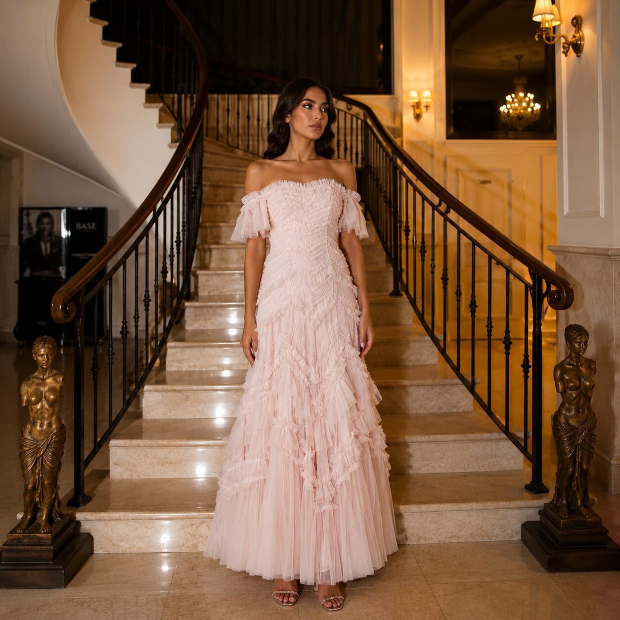 Blush Pink Off Shoulder Ruffle Tulle Evening Dress