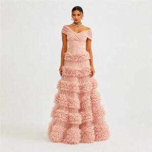 Blush Pink Off-Shoulder Tiered Ruffle Ball Gown with Tulle Layers