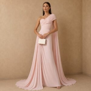 Blush Pink One Shoulder Chiffon Evening Gown
