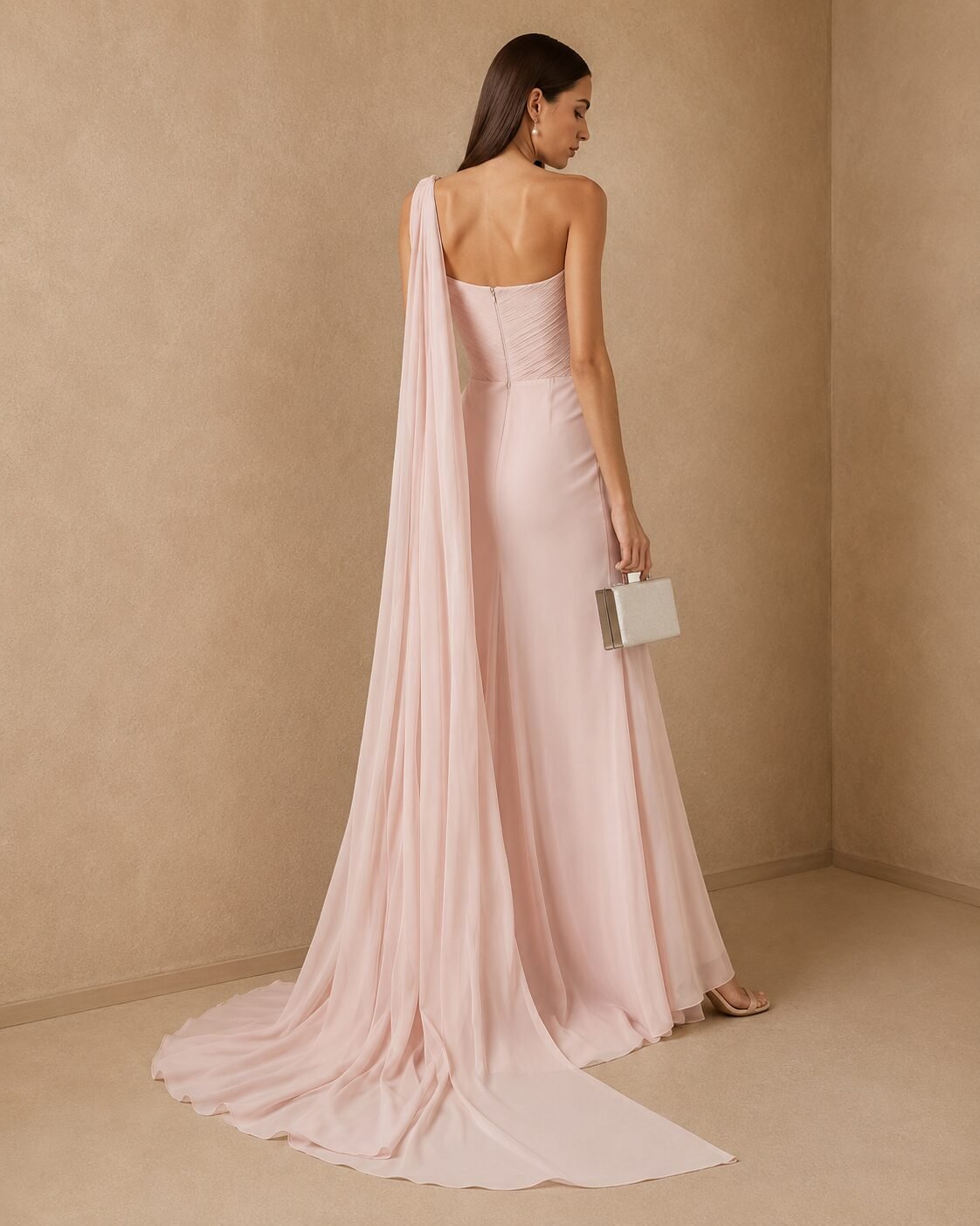 Blush Pink One Shoulder Chiffon Evening Gown