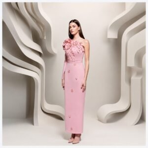 Blush Pink One-Shoulder Floral Satin Column Evening Dress