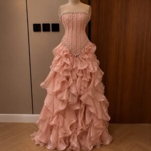 Blush Pink Ruffle Ball Gown with Crystal Corset Bodice