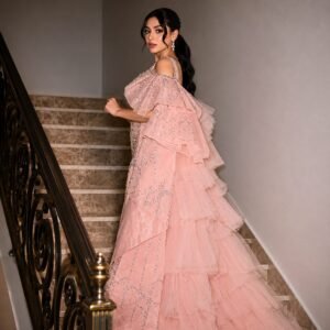 Blush Pink Sequin Tiered Ball Gown with Ruffle Sleeves