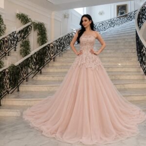 Blush Pink Strapless Crystal Floral A-Line Prom Gown with Sweep Train