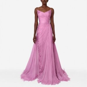 Blush Pink Strapless Pleated A-Line Gown with Feather Hem