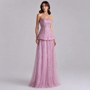 Blush Pink Strapless Sequin A-Line Gown with Petal Peplum Waist