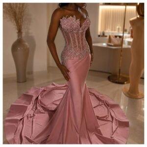Dusty Pink Beaded Corset Mermaid Gown with Sweep Train