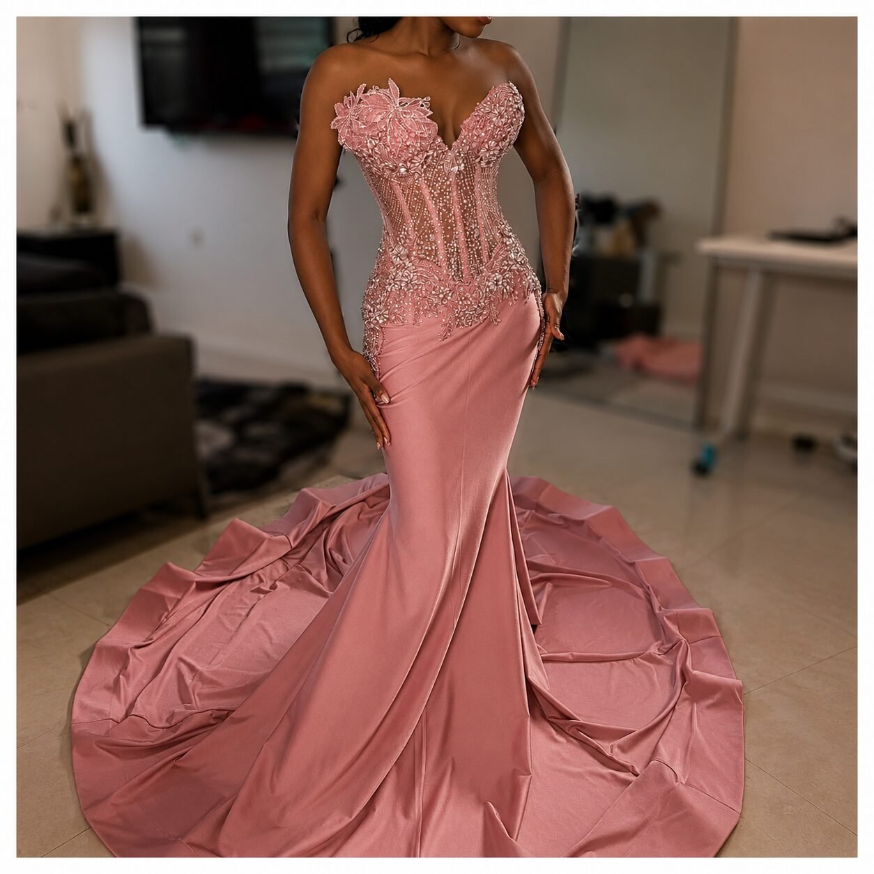 Dusty Pink Beaded Corset Mermaid Gown with Sweep Train