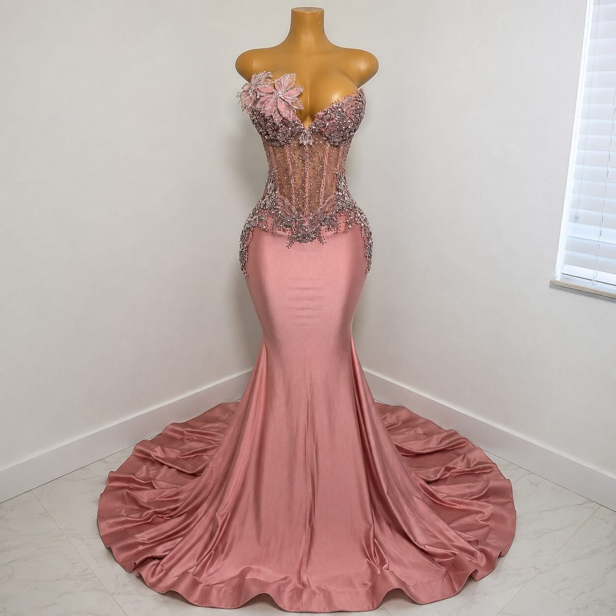 Dusty Pink Beaded Corset Mermaid Gown with Sweep Train - Image 3