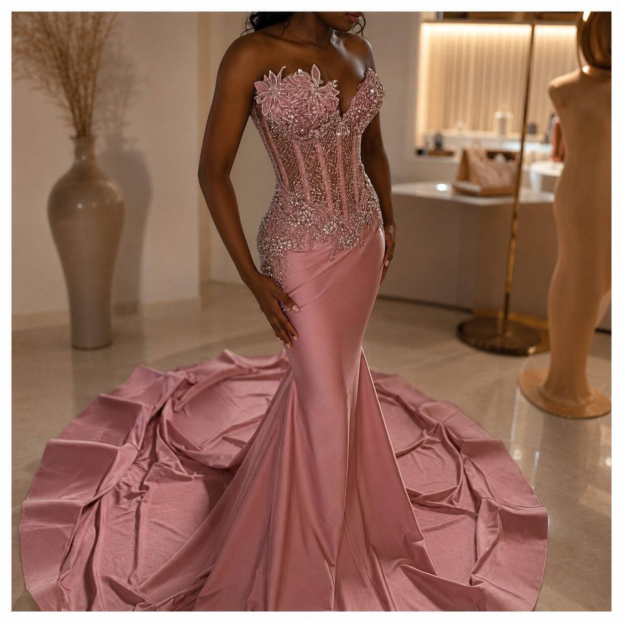 Dusty Pink Beaded Corset Mermaid Gown with Sweep Train