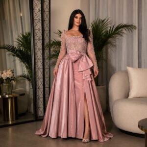 Dusty Pink Sequin Lace A-Line Prom Dress with Bow Detail