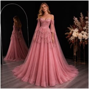Dusty Rose Crystal Off-Shoulder Ball Gown with Sheer Cape Sleeves